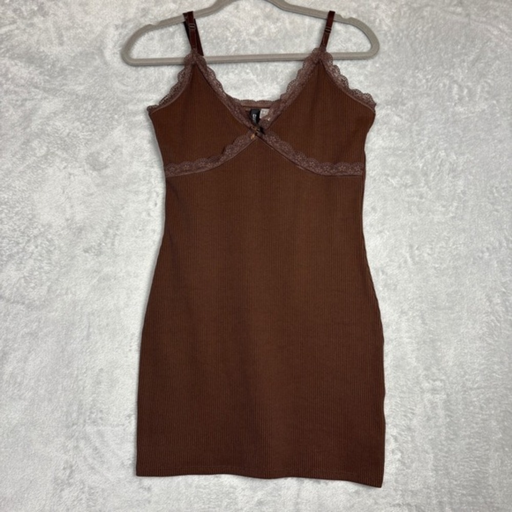 Divided H&M Ribbed Lace Trim Mini Dress Brown Tank Whimsy Y2K‎ Babydoll Cami 90s